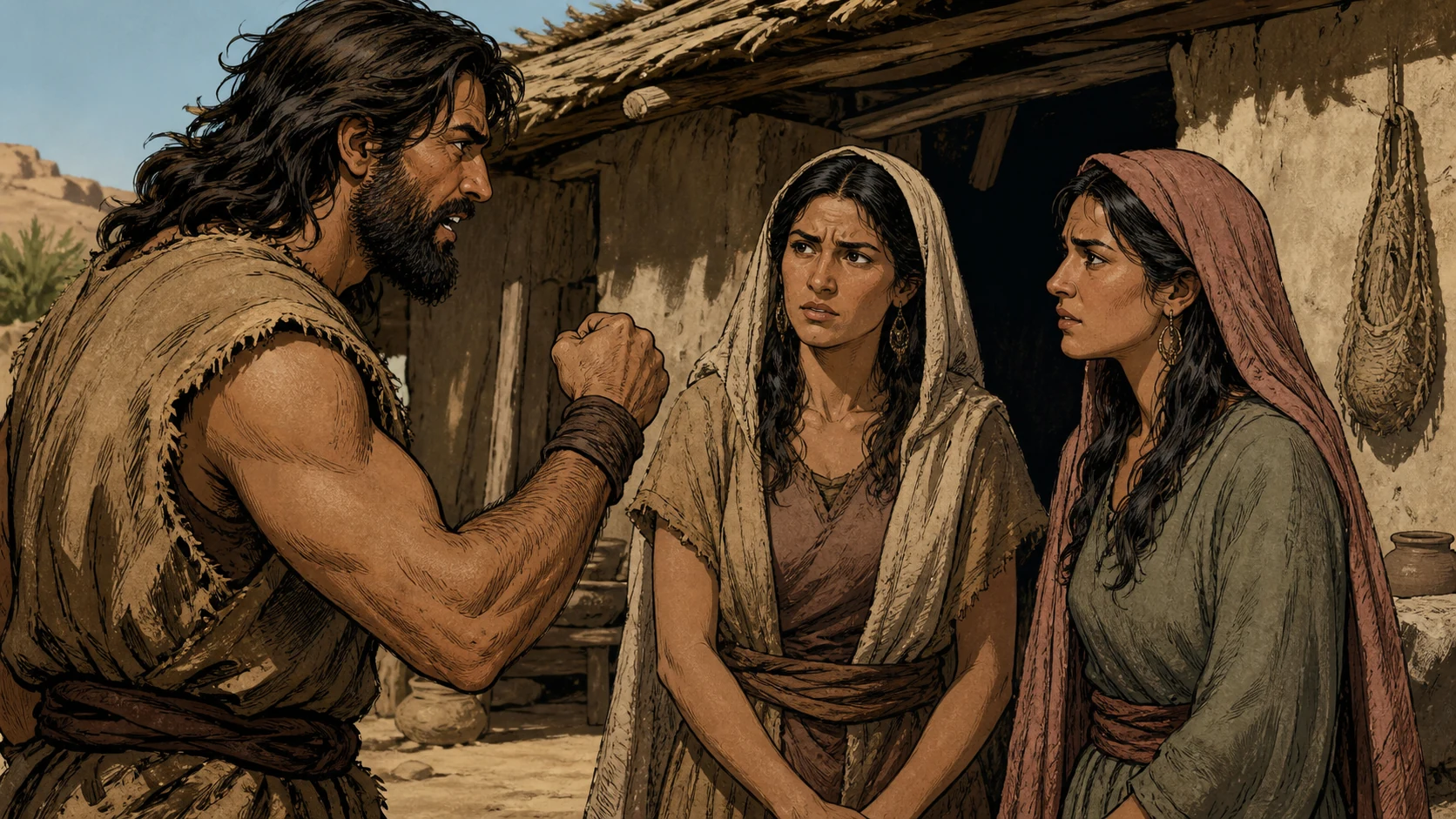 Lamech addresses his two adult wives Adah and Zillah outside a modest ancient dwelling, a boastful tense gesture and their troubled attention. No reenactment of the killing, no graphic injury. One-off figures in earth-tone homespun clothing.