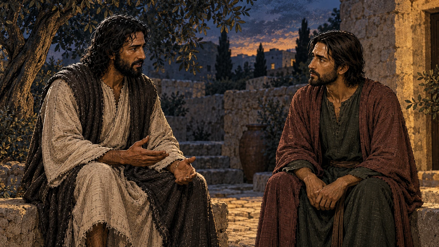 Jesus and Judas sit across from each other in a quiet courtyard.