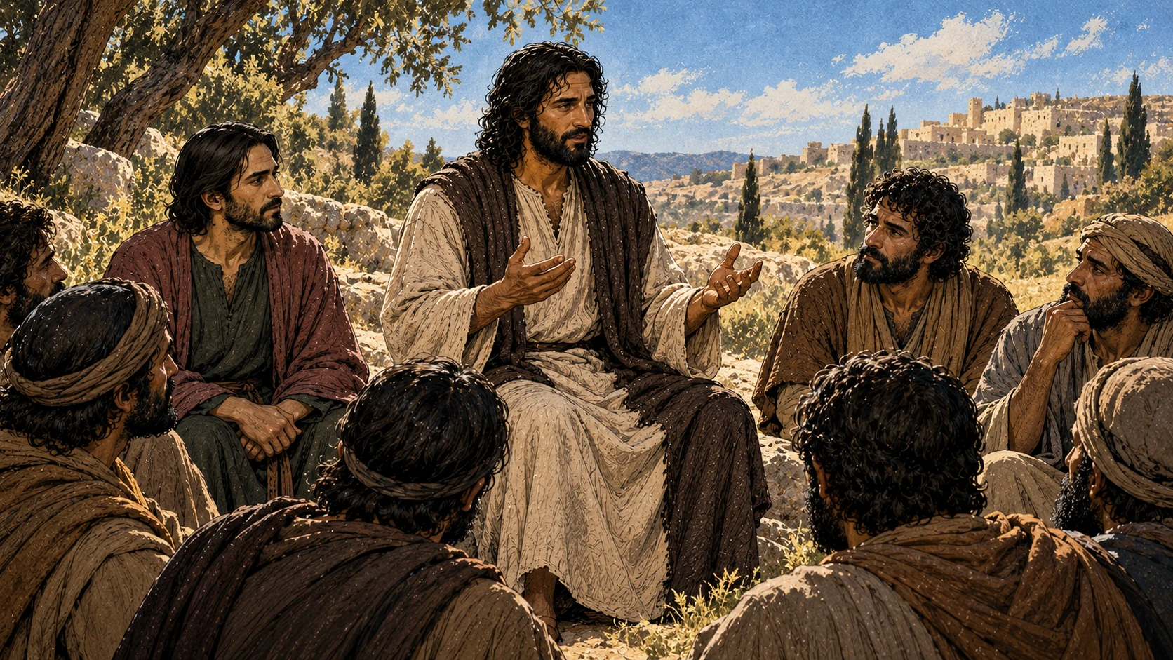 Jesus addresses a group of disciples on a sunlit Judean hillside.