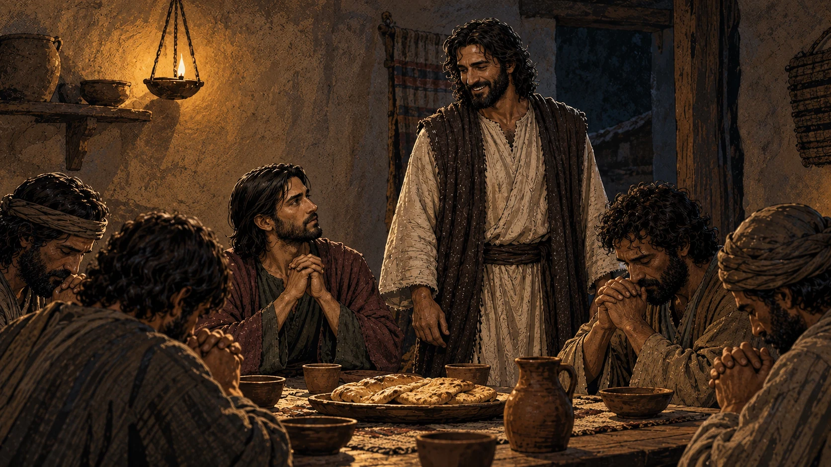 A smiling Jesus approaches disciples praying over bread at a lamp-lit table.