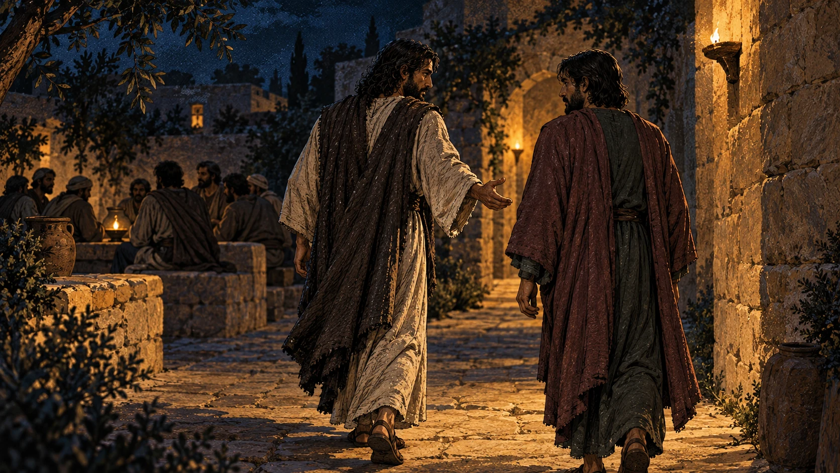 Jesus beckons Judas along a courtyard passage, leaving the seated disciples behind.
