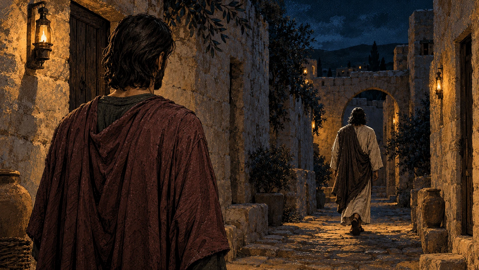 Judas watches Jesus walk away down a lamp-lit stone passage.