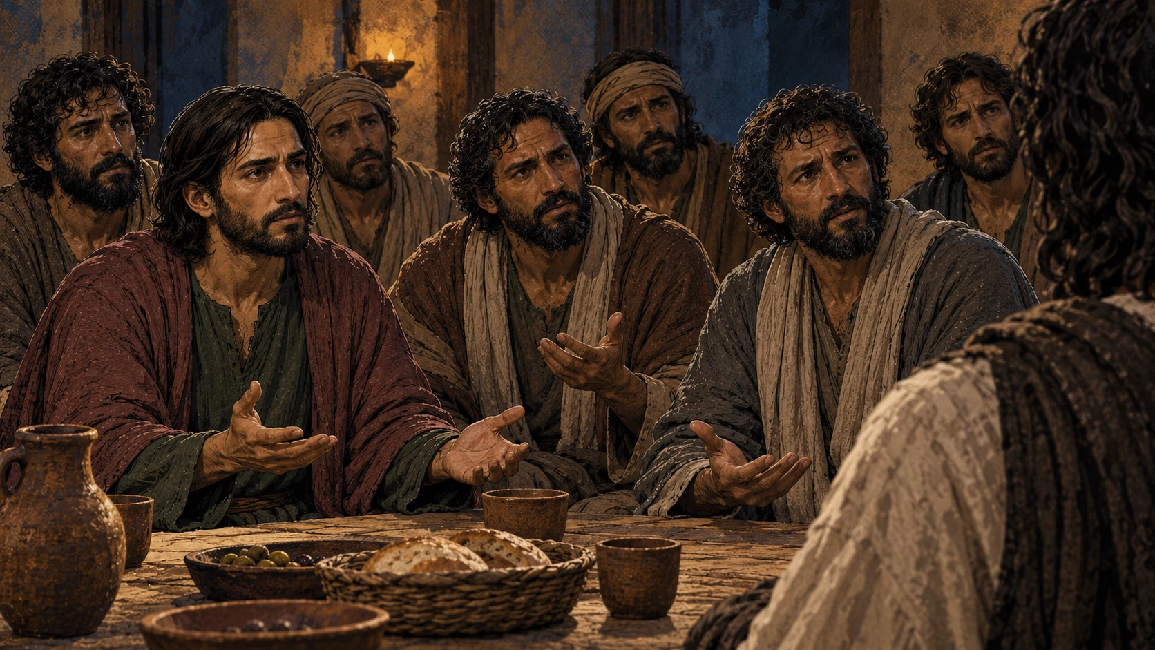The disciples turn toward Jesus with puzzled faces and open palms.