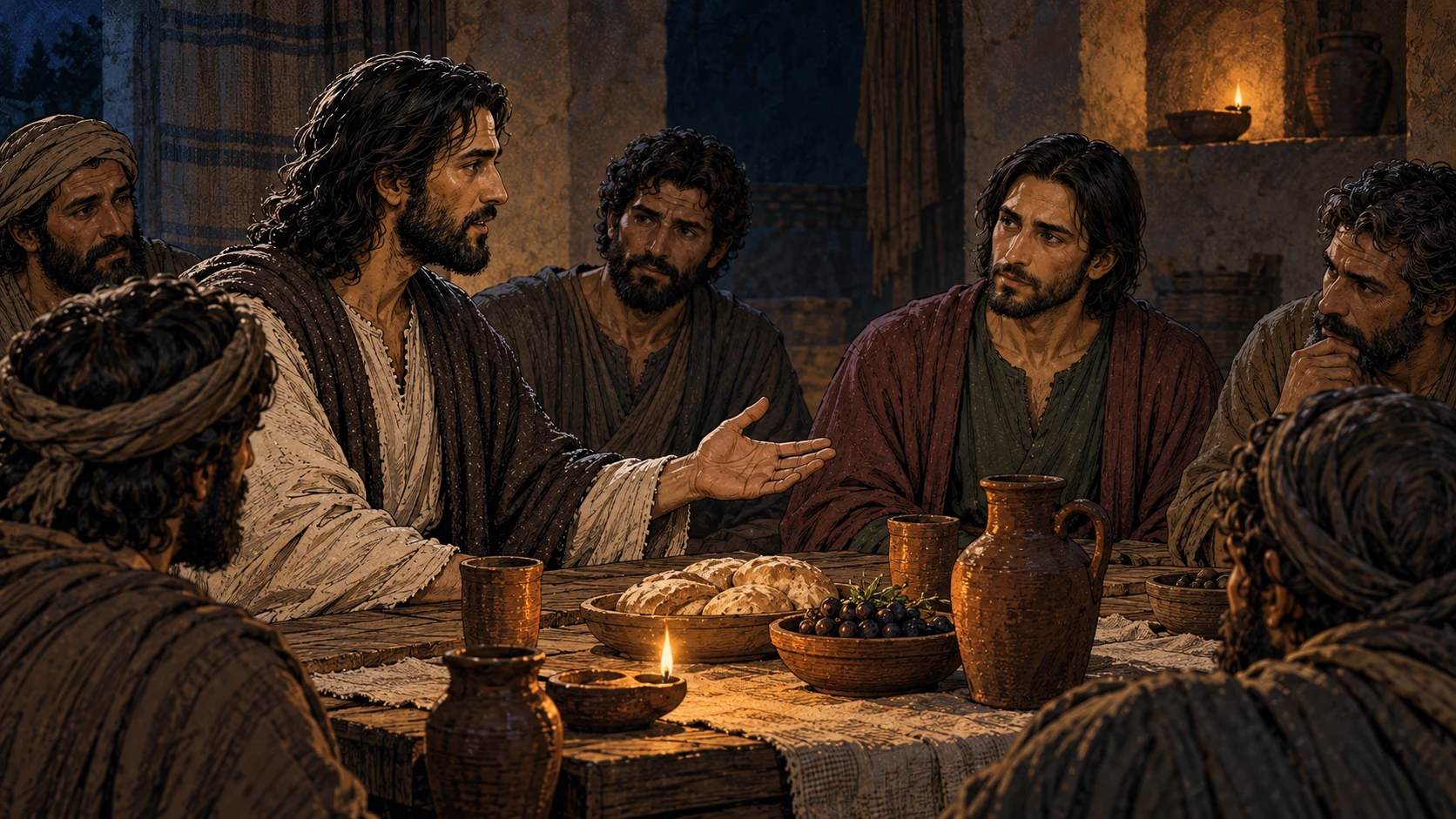 Jesus extends an open hand while Judas and other disciples listen across the bread table.