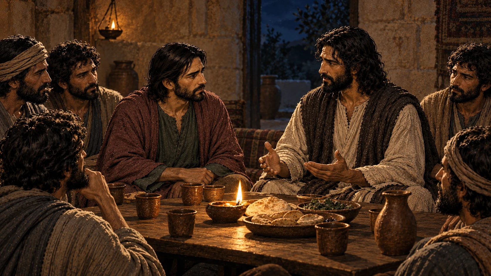 Judas sits among the questioning disciples while Jesus answers across the bread table.