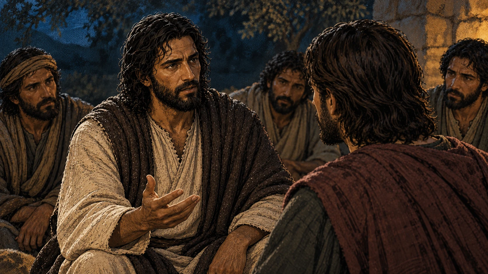 Jesus questions the listeners, with Judas seen from behind.