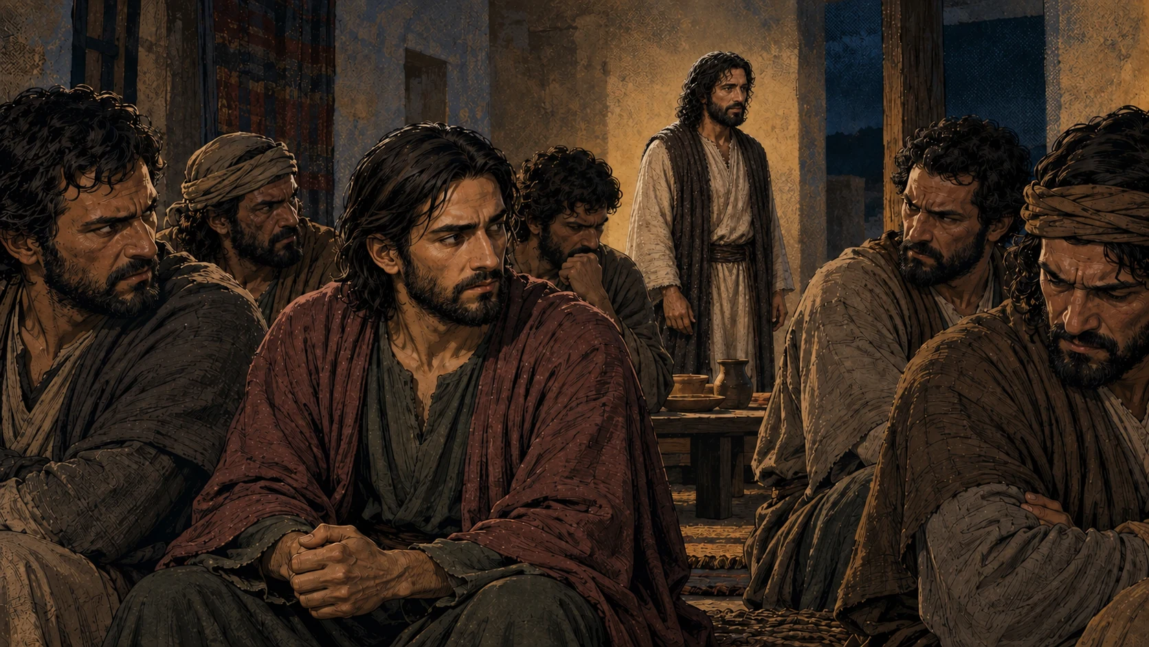 Angry disciples gather around the bread table, with Judas nearby and Jesus behind them.
