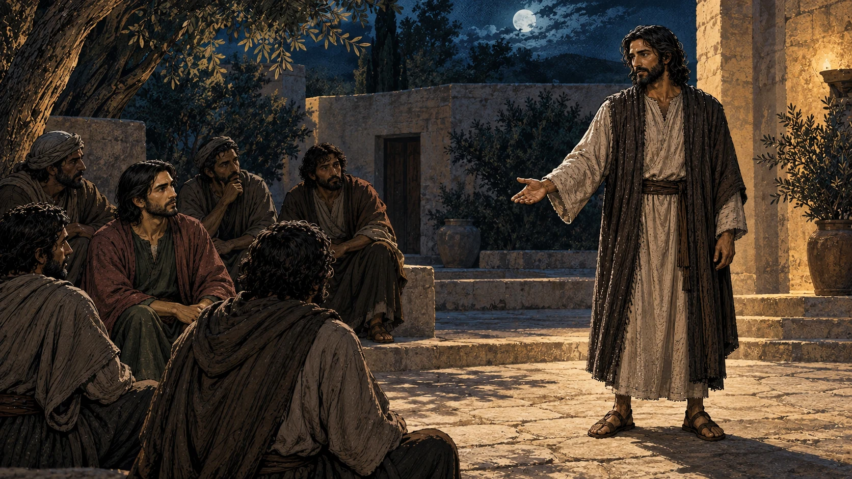 Jesus stands across an open court from seated disciples, one hand extended.