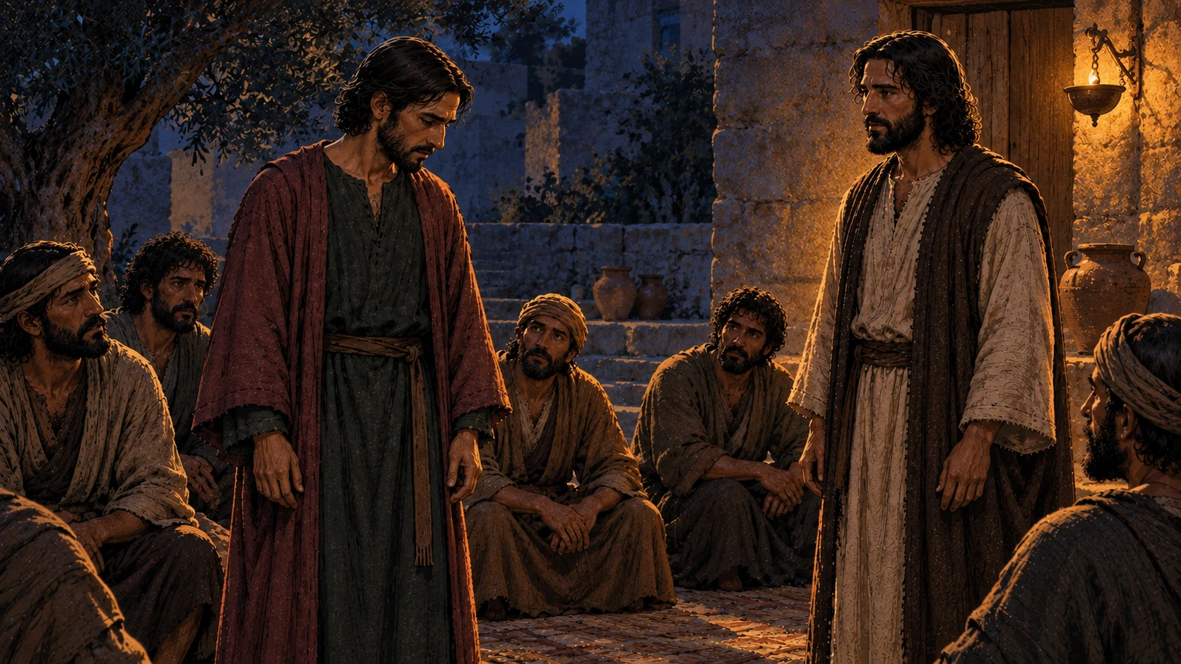 Judas stands before Jesus while the other disciples remain seated by lamplight.