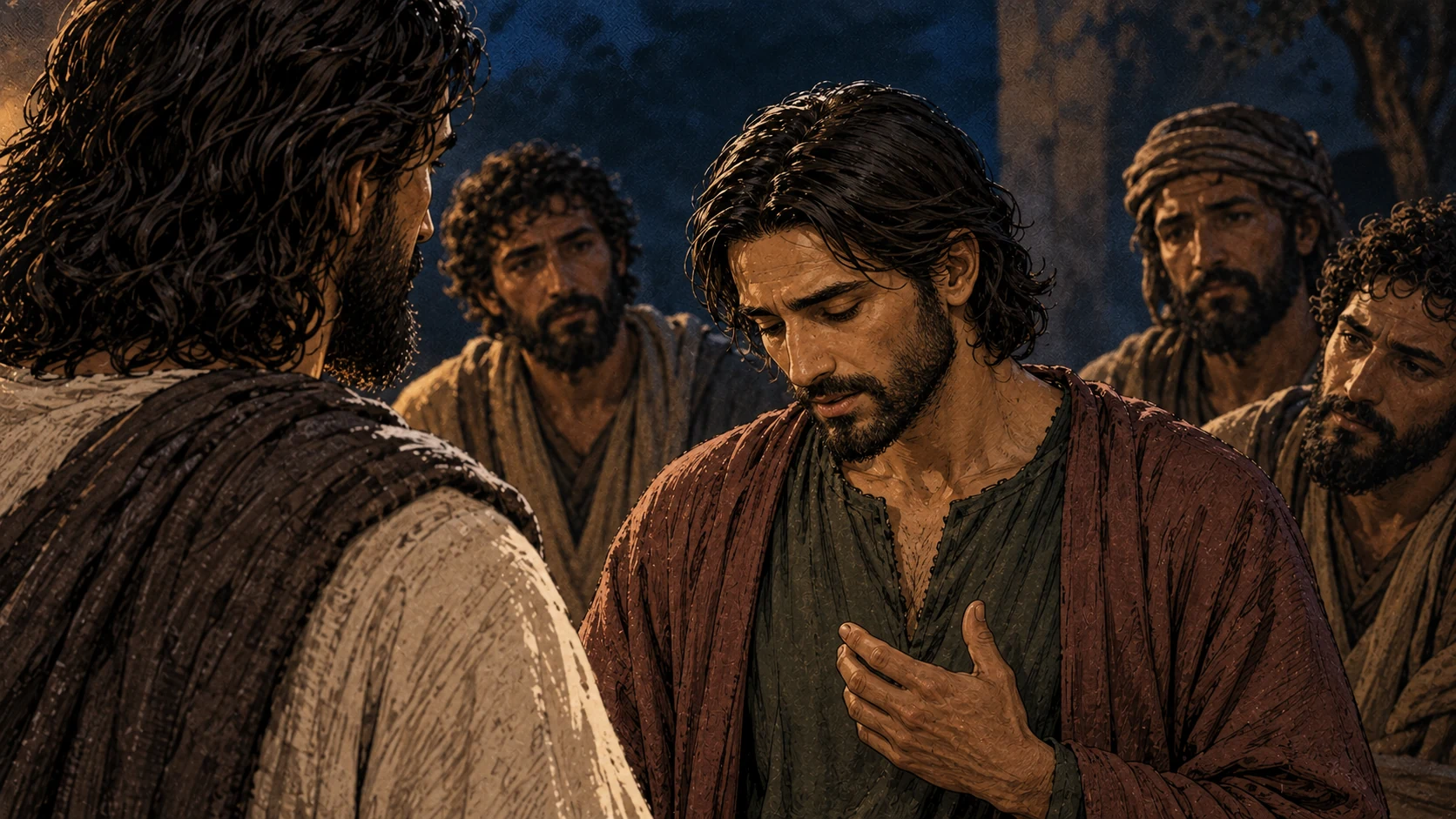 Judas speaks with his gaze lowered as Jesus listens.