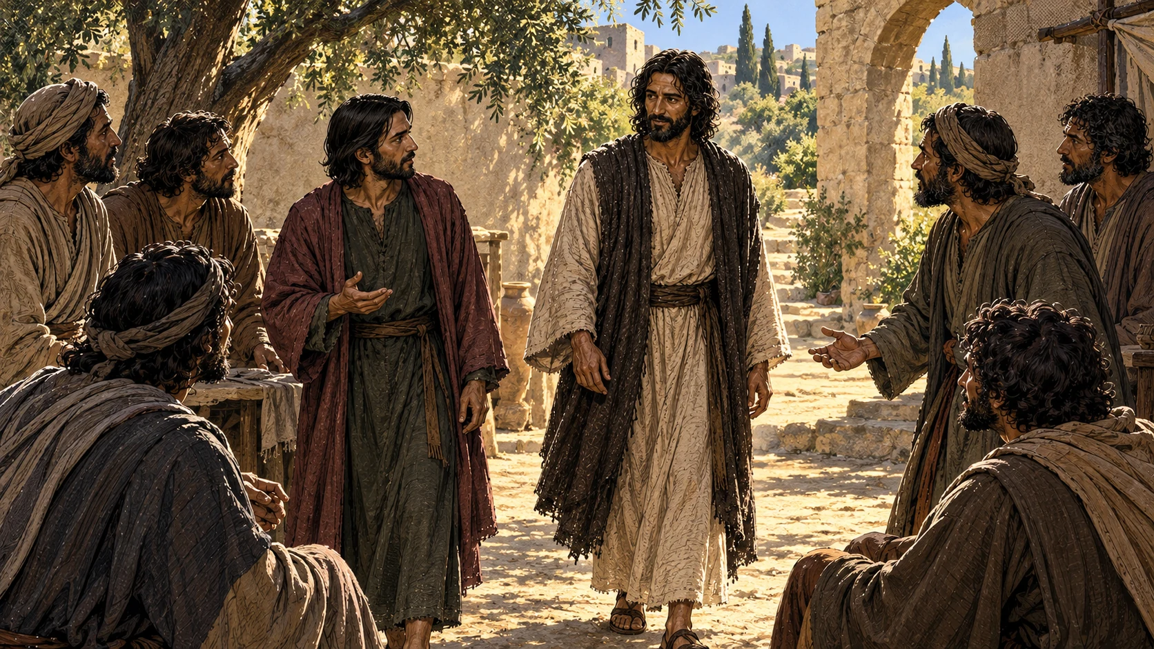 The disciples turn toward Jesus as he arrives in a sunlit courtyard.