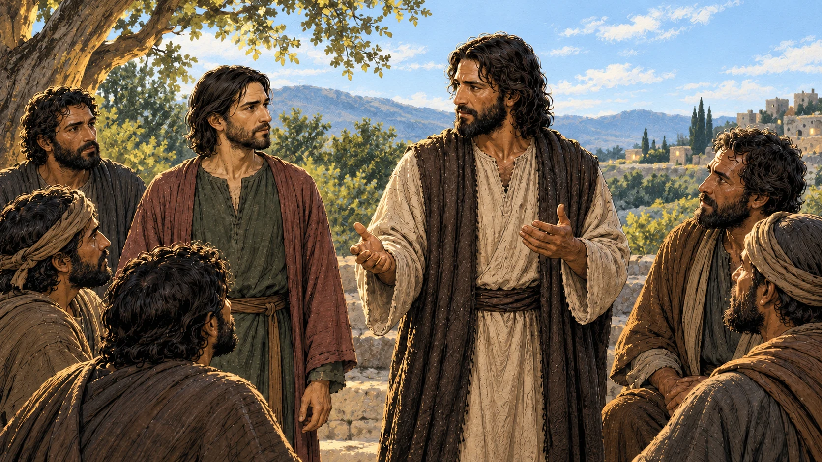 Jesus replies to the gathered disciples in morning daylight.