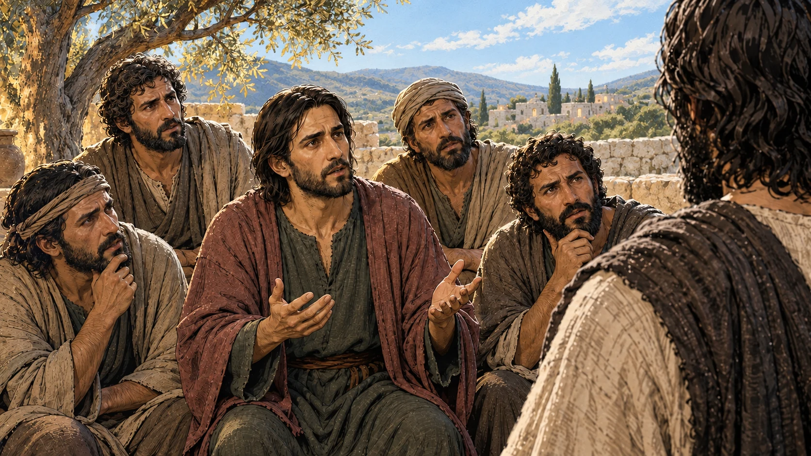 Puzzled disciples question Jesus in the sunlit courtyard.