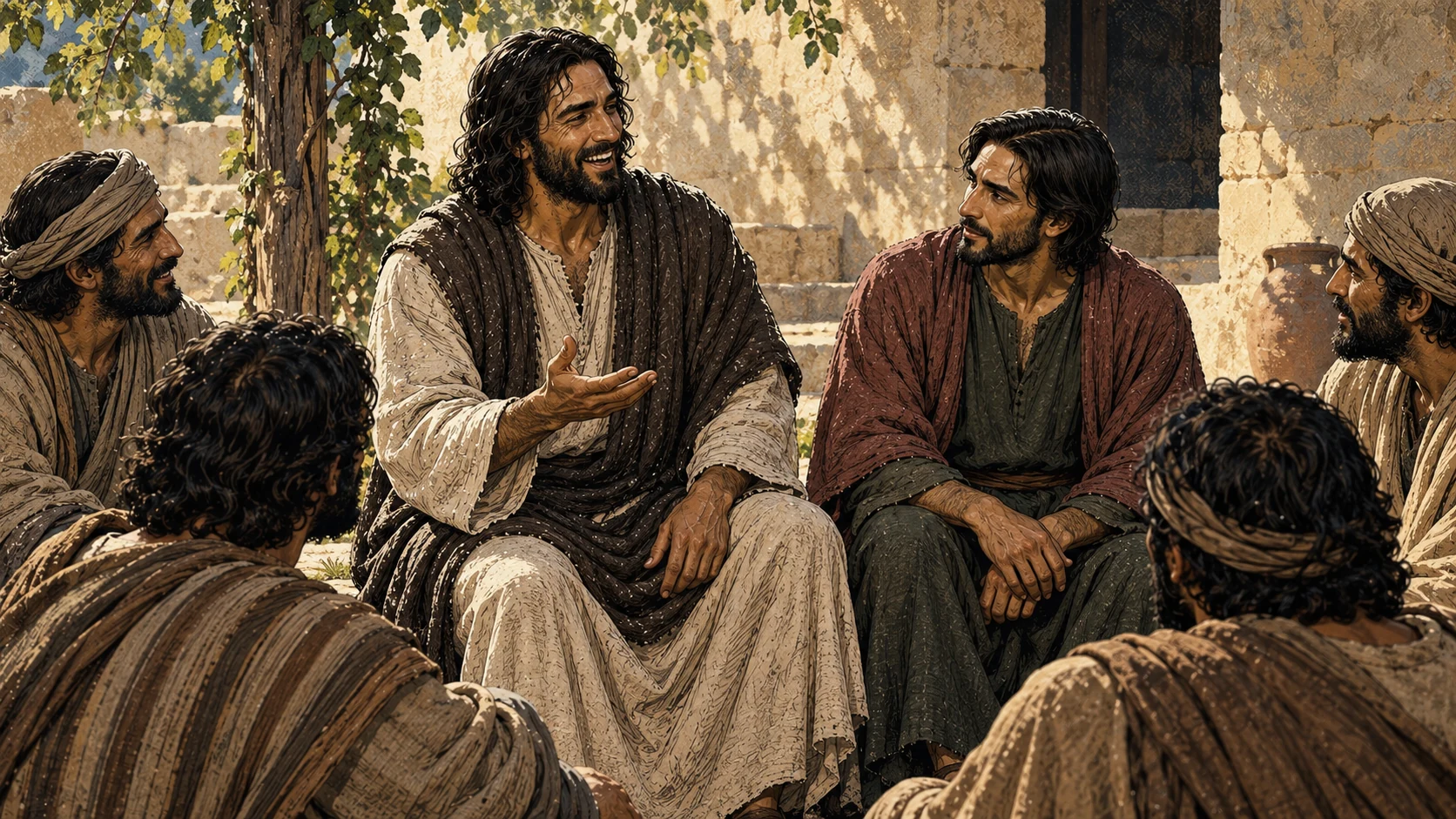 A smiling Jesus gestures while the seated disciples listen in the morning courtyard.