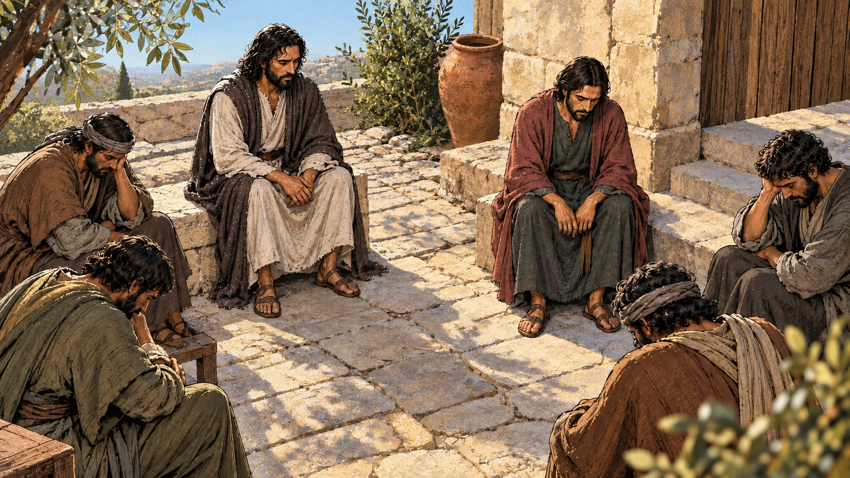The disciples sit in silence with downcast faces in the morning courtyard.