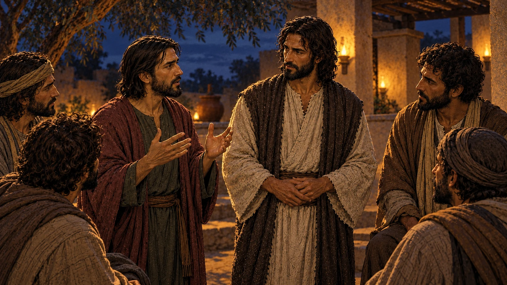 A disciple recounts a dream to Jesus in the lamp-lit courtyard.