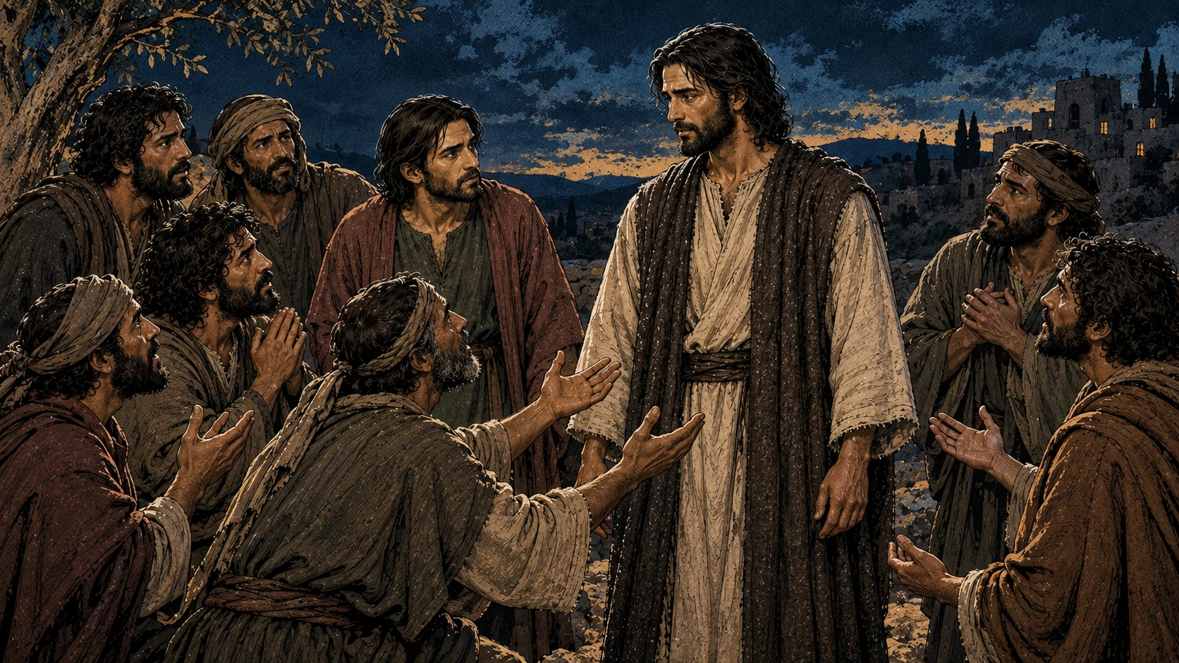 The gathered disciples plead toward Jesus with open hands.