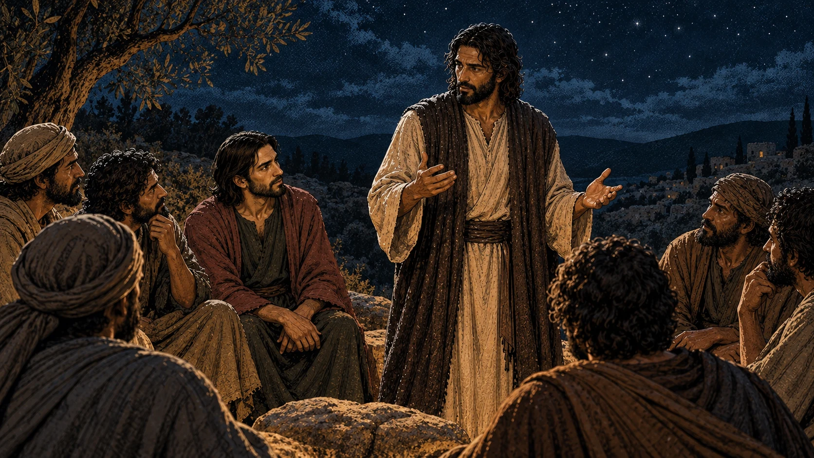 Jesus replies to the disciples beneath an evening sky.
