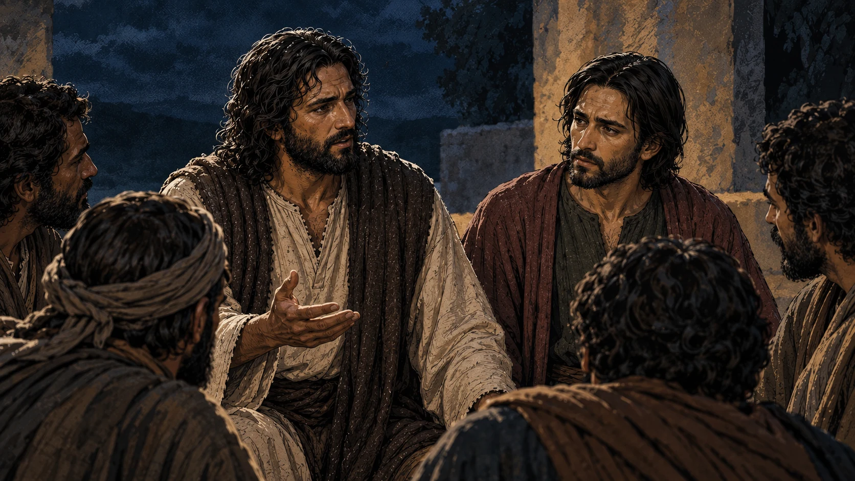 Jesus questions the gathered disciples with one open hand.