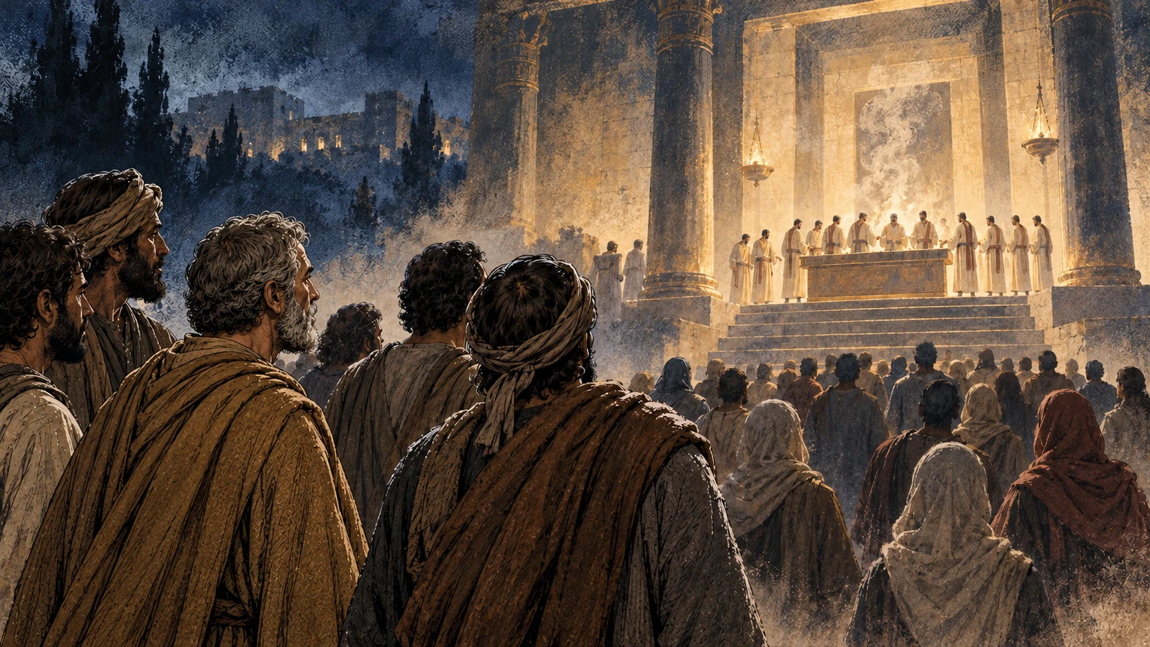 In the disciples’ reported dream, a crowd waits before a great house and a distant altar.