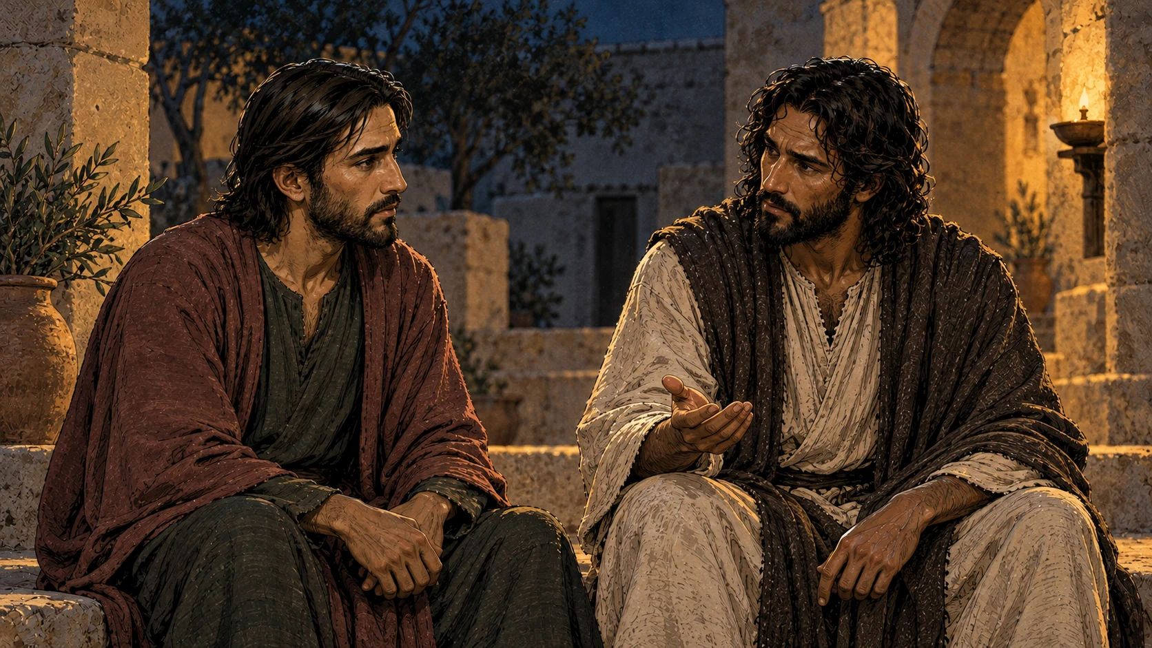 Jesus listens and questions Judas in a lamp-lit courtyard.