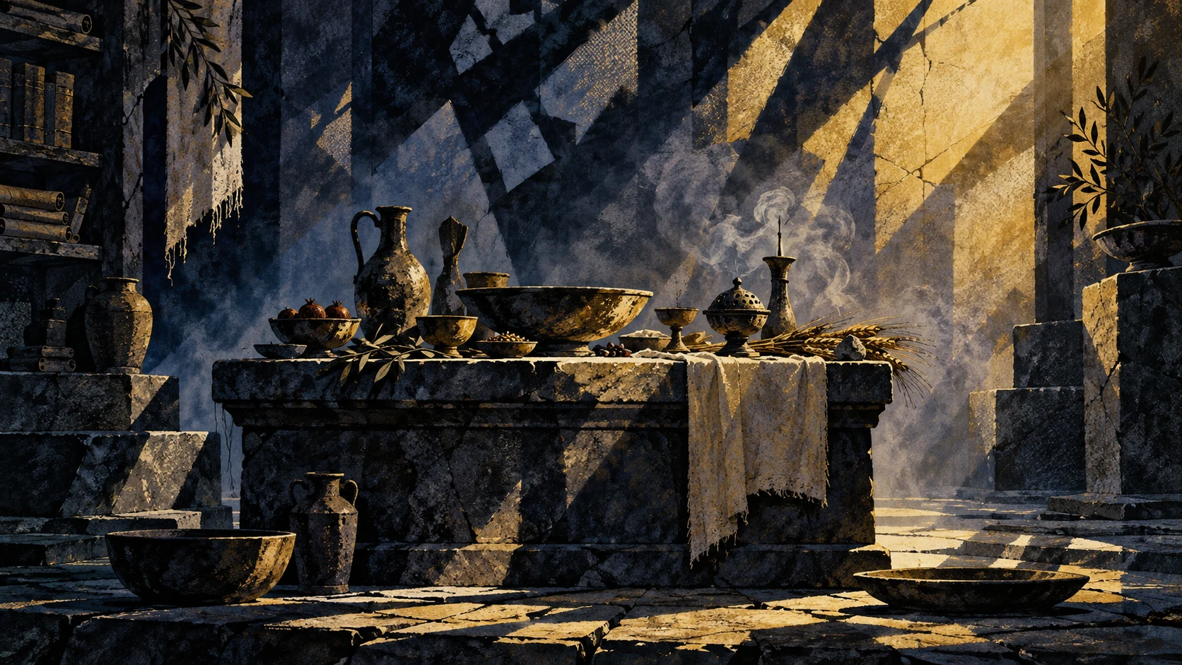 Offering vessels stand on an empty shadowed altar amid fractured shadows.