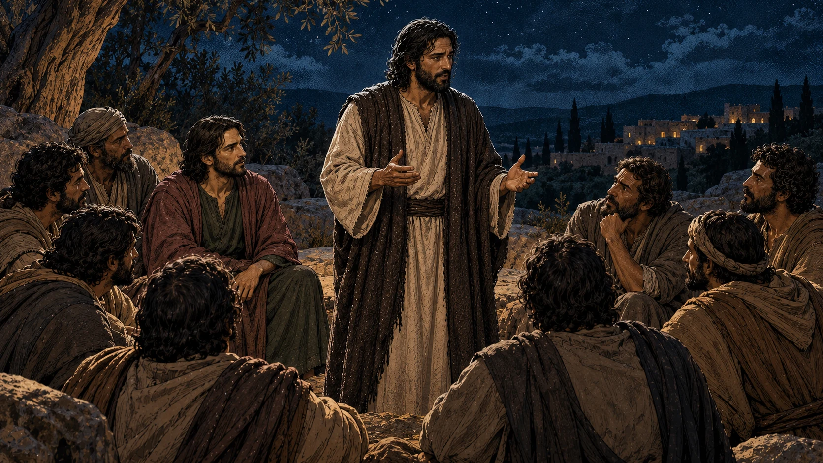 Jesus addresses the seated disciples with sober expression and open hands.