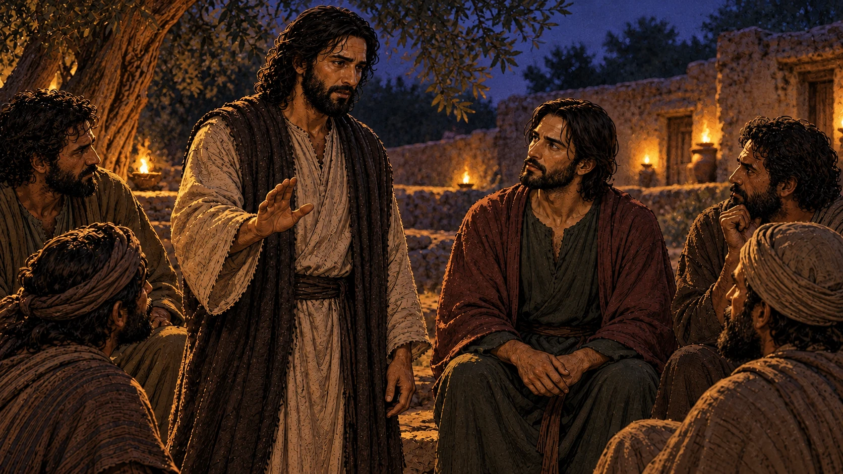 Jesus raises a calm stopping hand toward the seated disciples by lamplight.