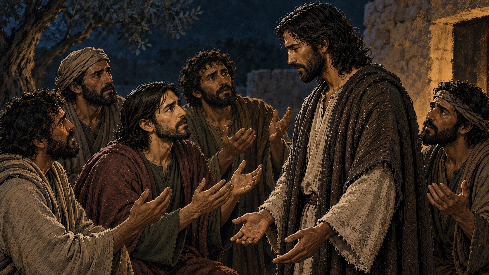 Anxious disciples raise their open palms toward Jesus.