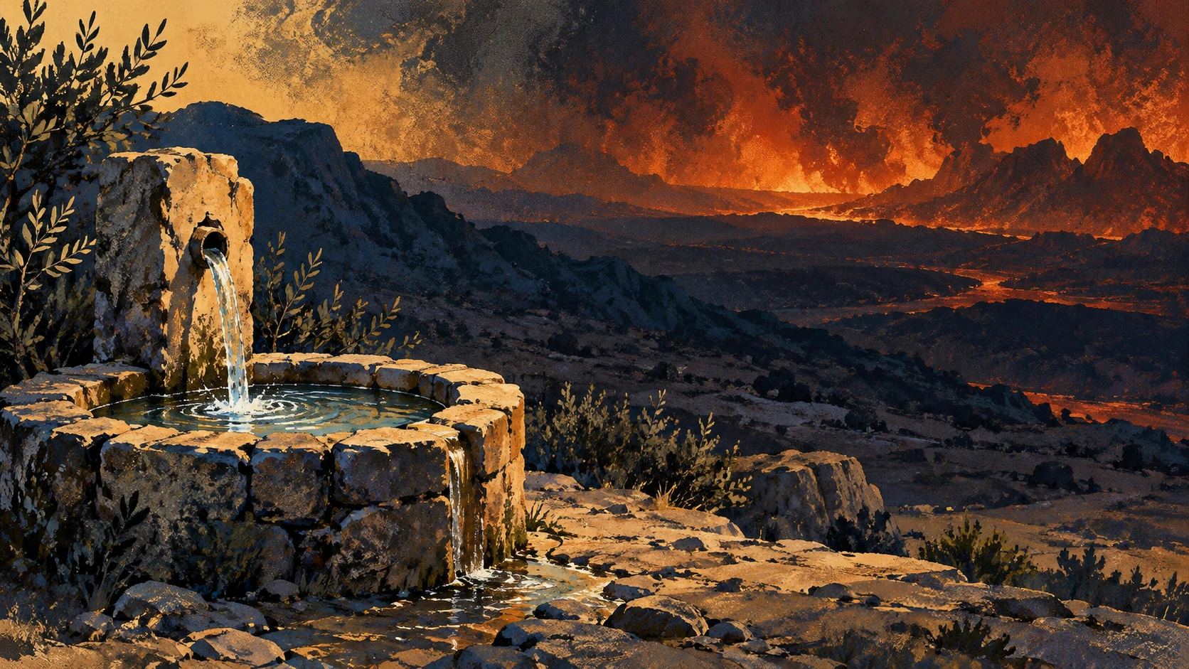 A small stone fountain flows before distant heat-colored darkness.