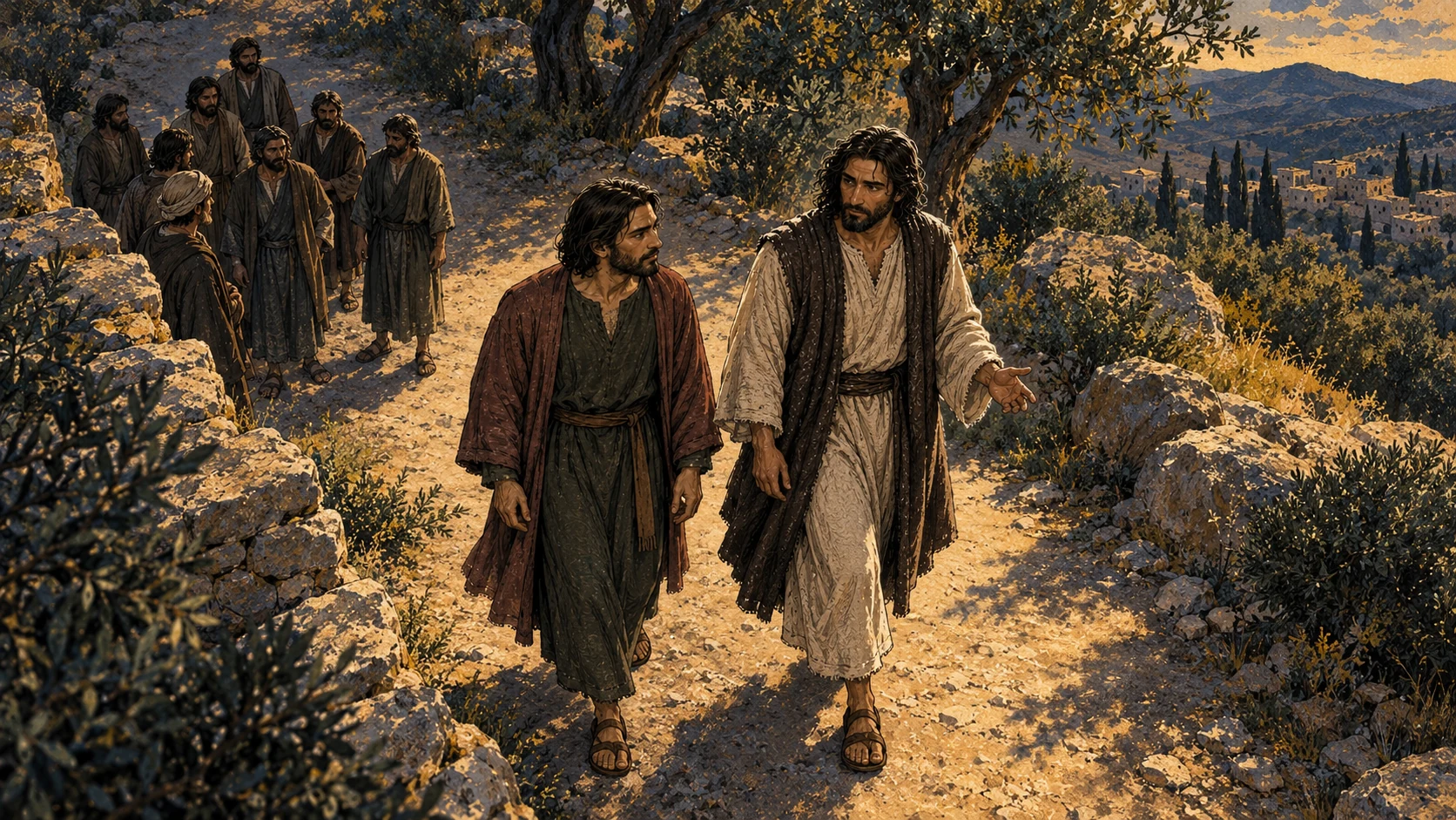 Jesus and Judas walk away along a stone path, leaving the other disciples behind.