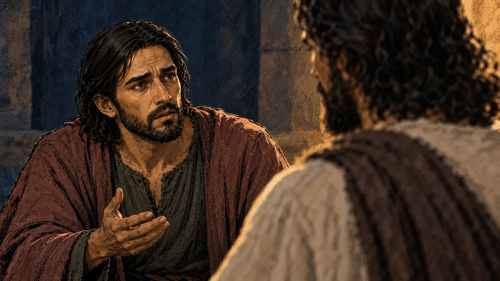 Judas asks Jesus an anxious question with one open hand.