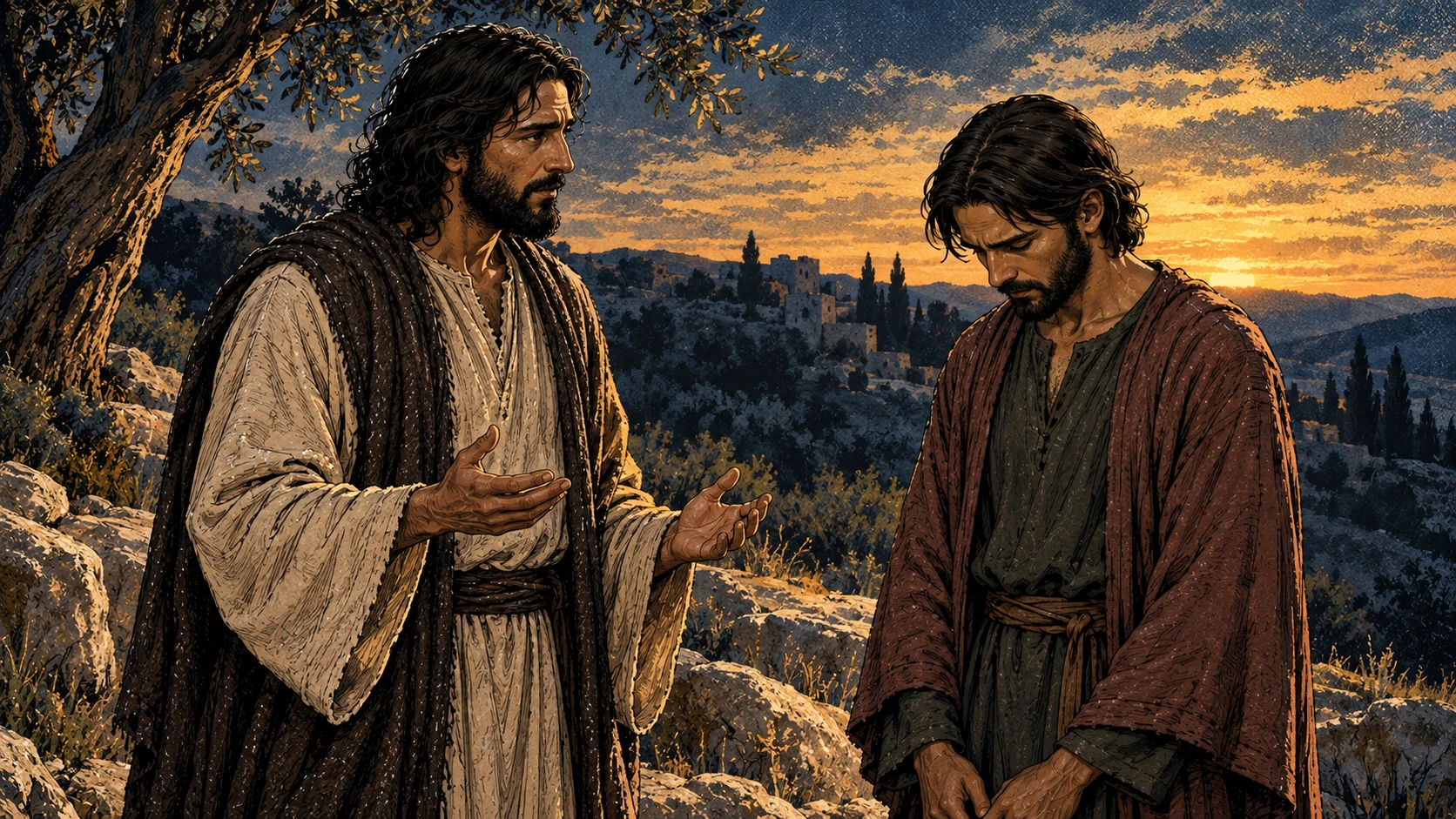 Jesus speaks as Judas bows his head in their isolated encounter.