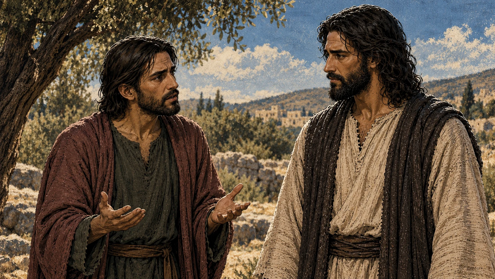 Judas raises an empty hand toward Jesus with a distressed expression.