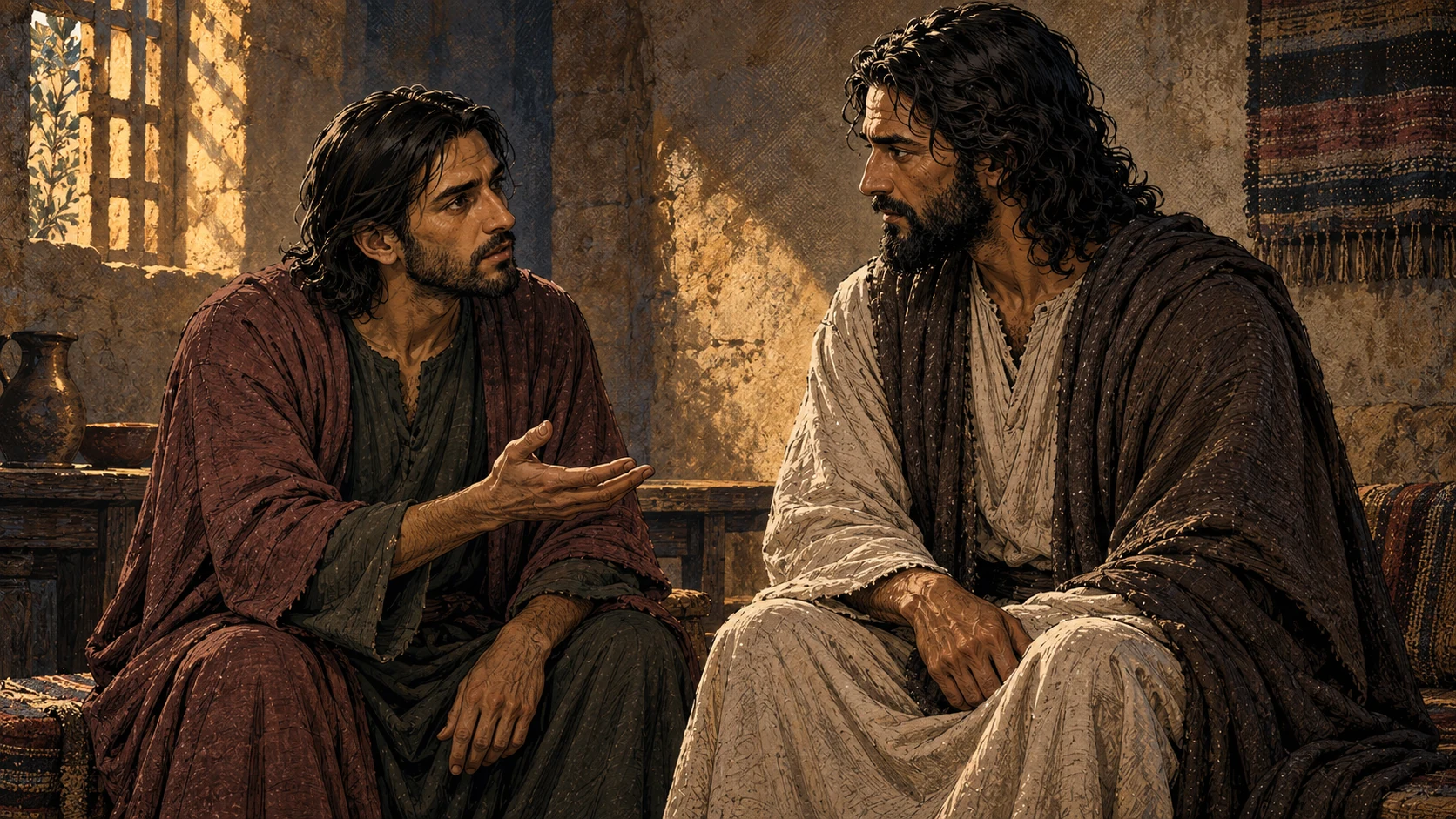 Judas questions Jesus with an open palm during a private conversation.