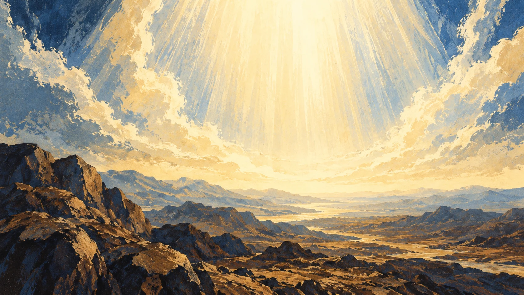 An earth-colored landscape opens into a field of pale light.