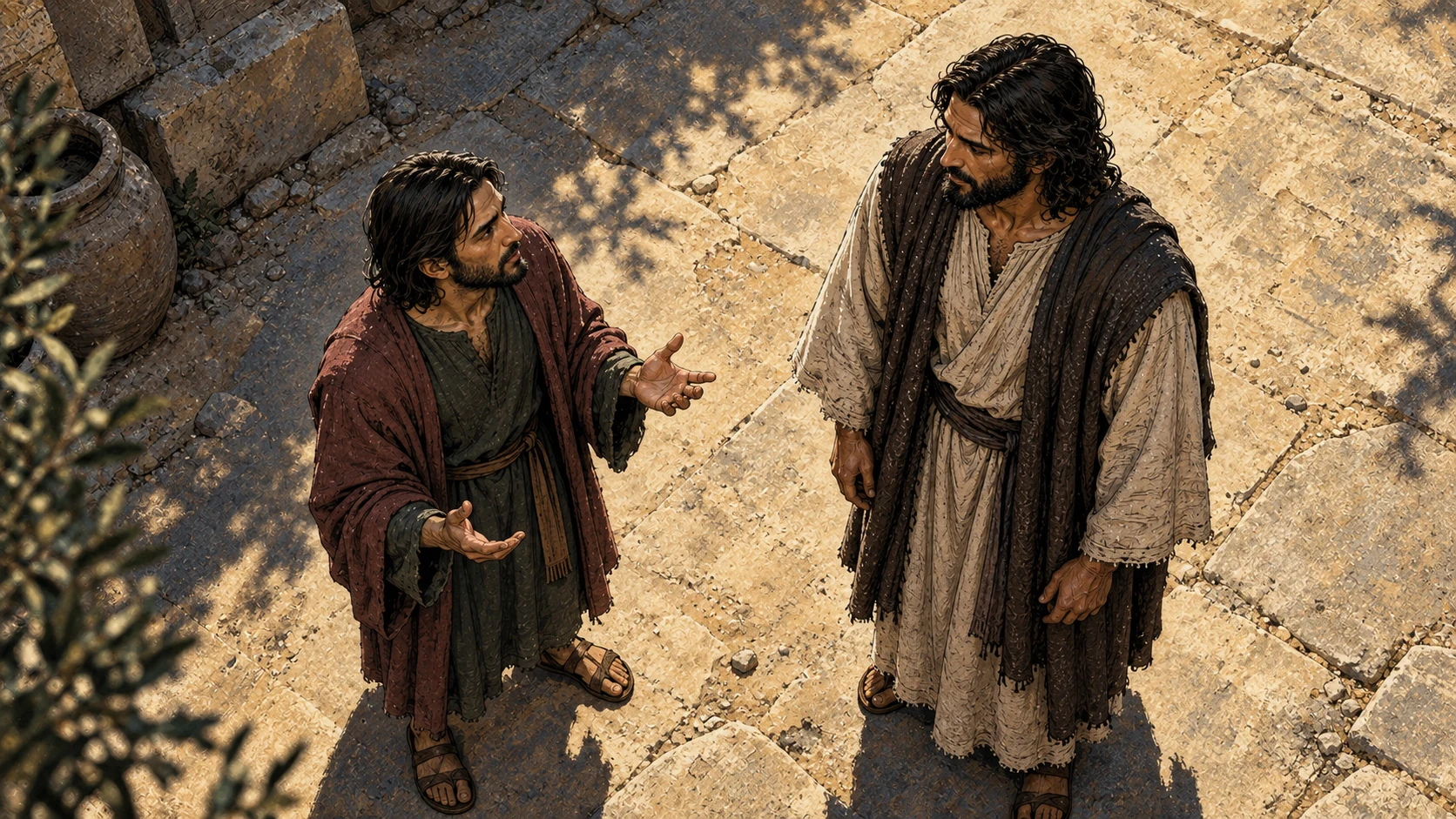 Judas raises a questioning hand toward Jesus on open stone ground.