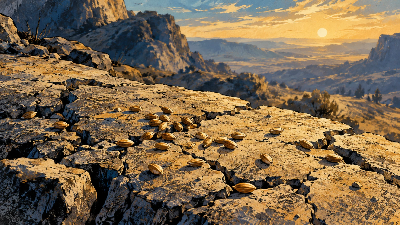 Seeds rest without sprouts on bare cracked rock beneath an open sky.