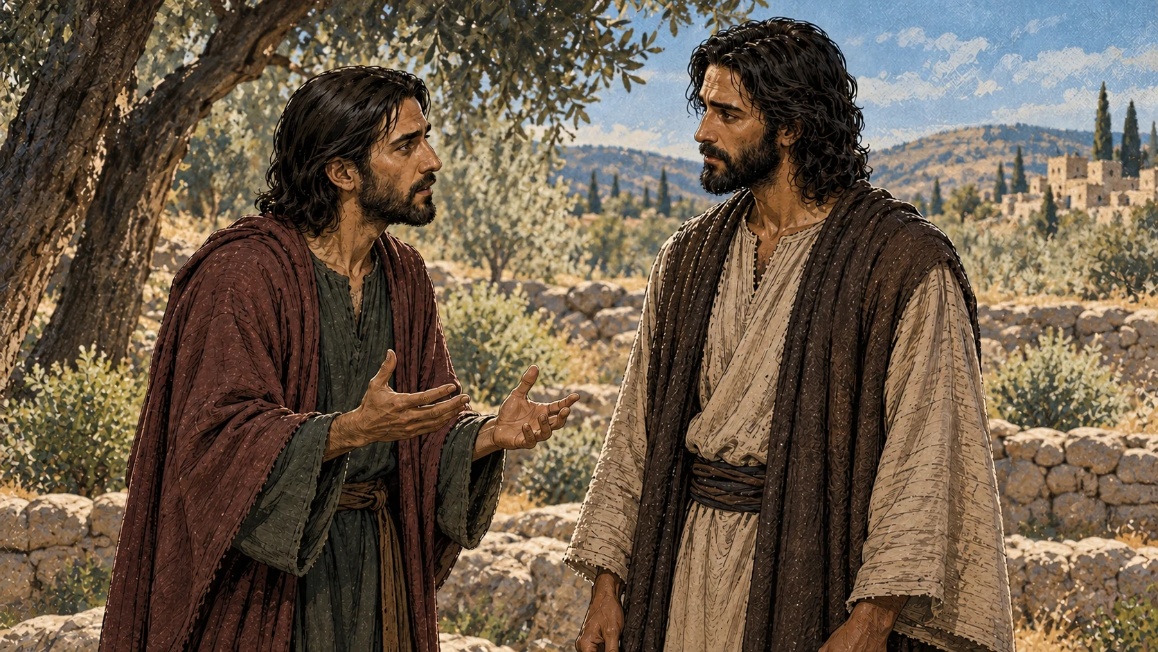 Judas urgently questions Jesus with open hands in their private exchange.