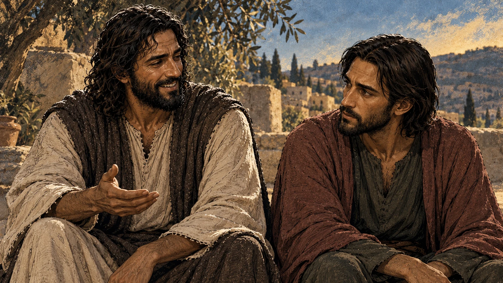 Jesus laughs with an open hand as Judas listens with a questioning expression.