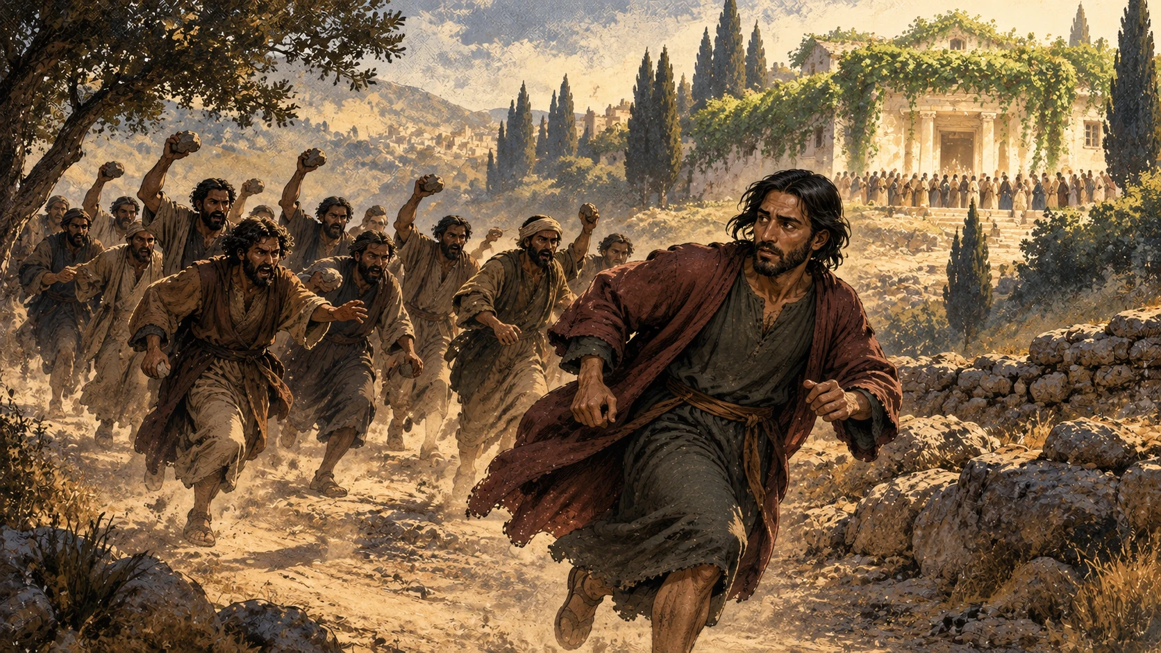 In Judas’s reported vision, disciples pursue him with raised stones along a dusty path.