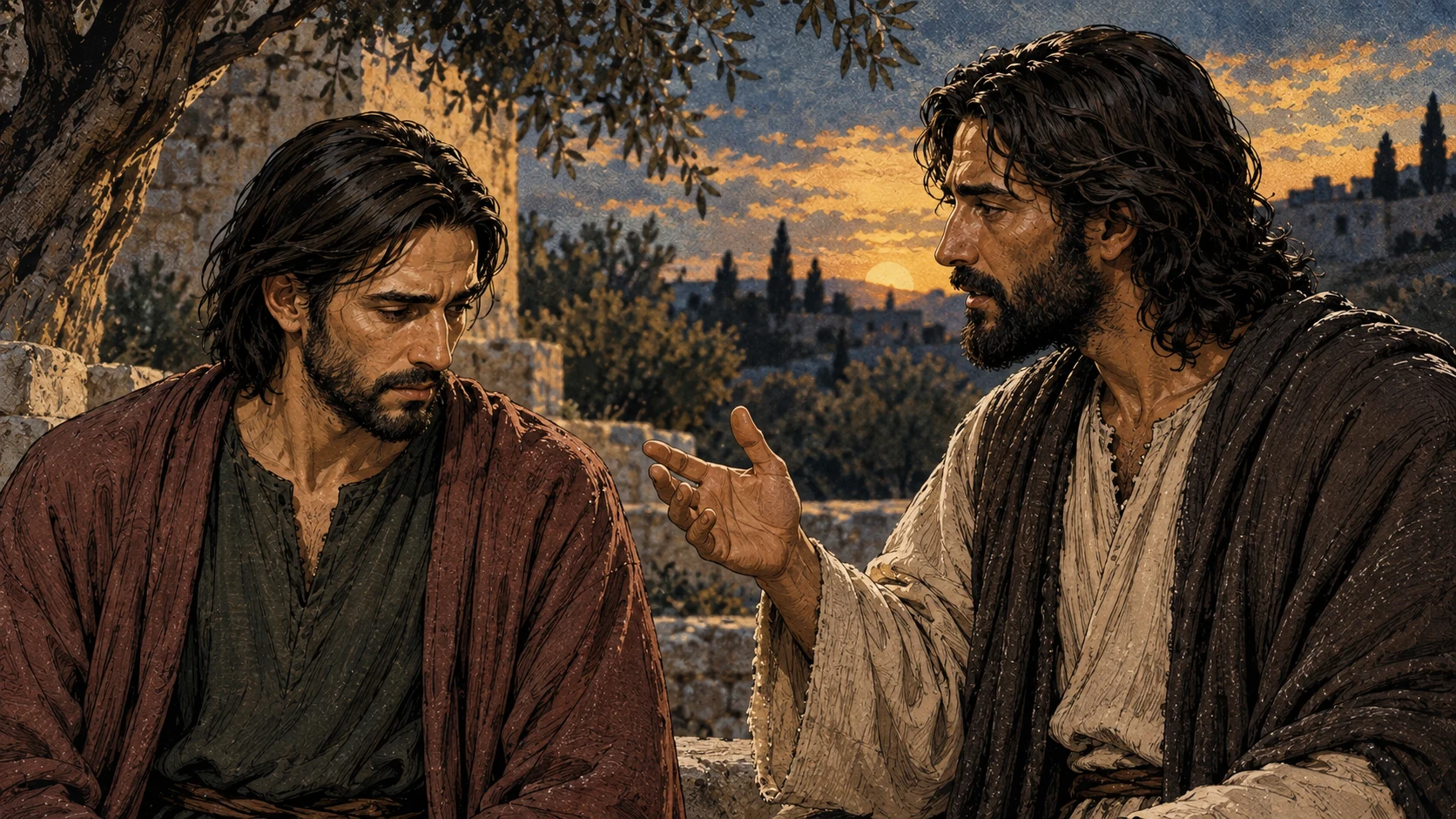 Jesus replies solemnly while Judas lowers his gaze.