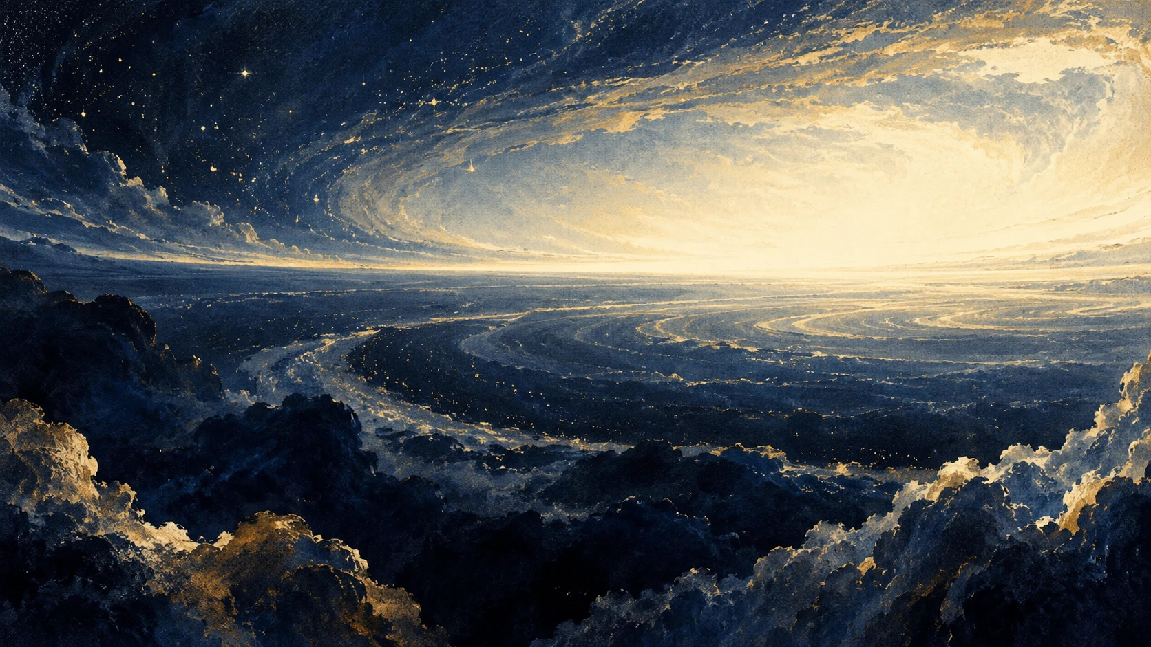 A dark indigo horizon opens toward pale unfigured light.