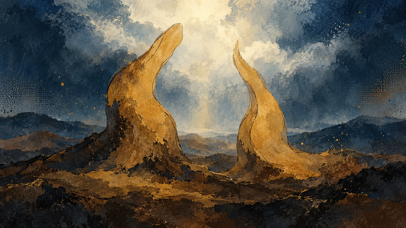Two abstract ochre forms rise from darker earth-colored gouache beneath a mist cloud.
