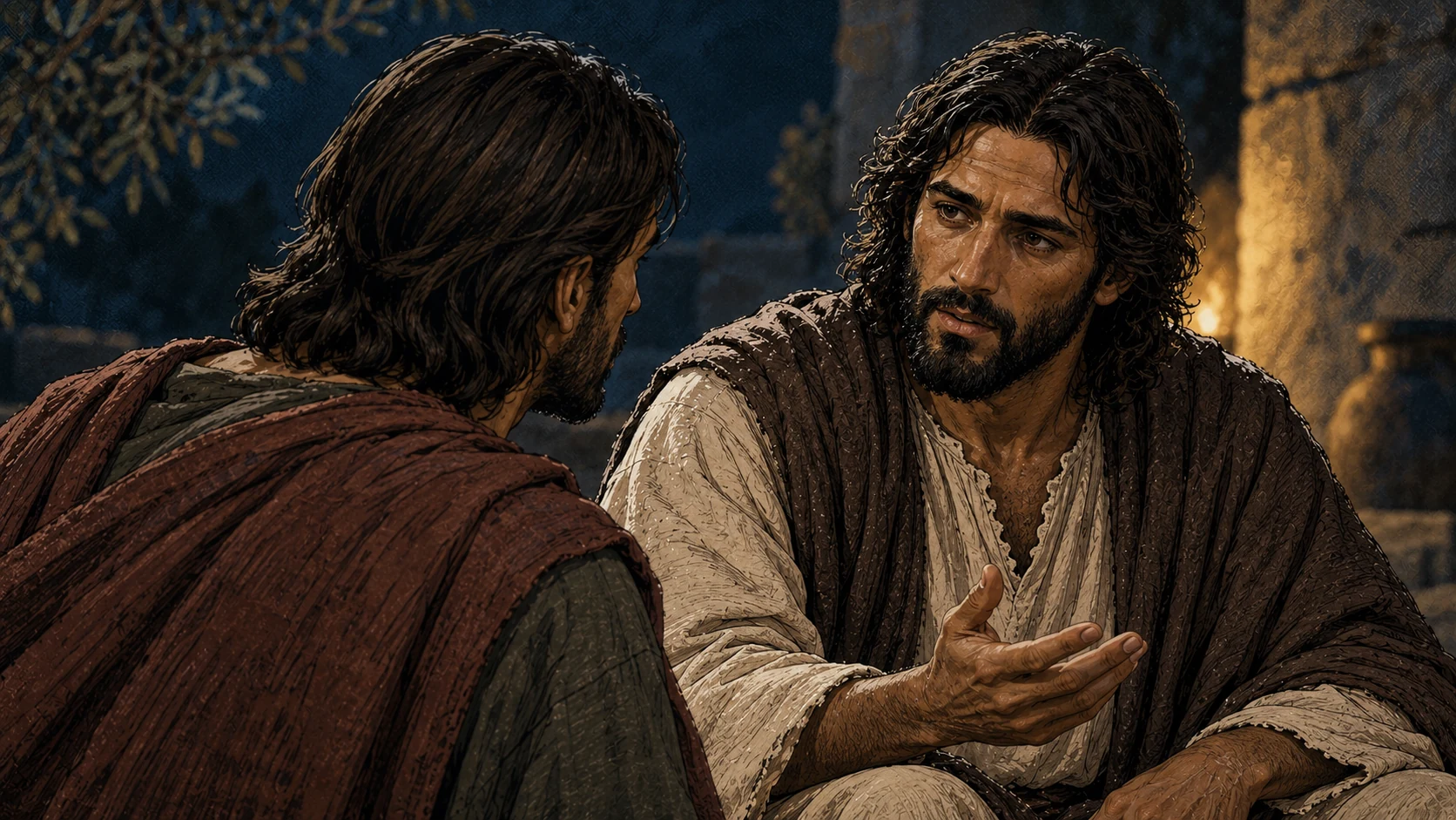 Jesus replies thoughtfully with Judas seen from behind.