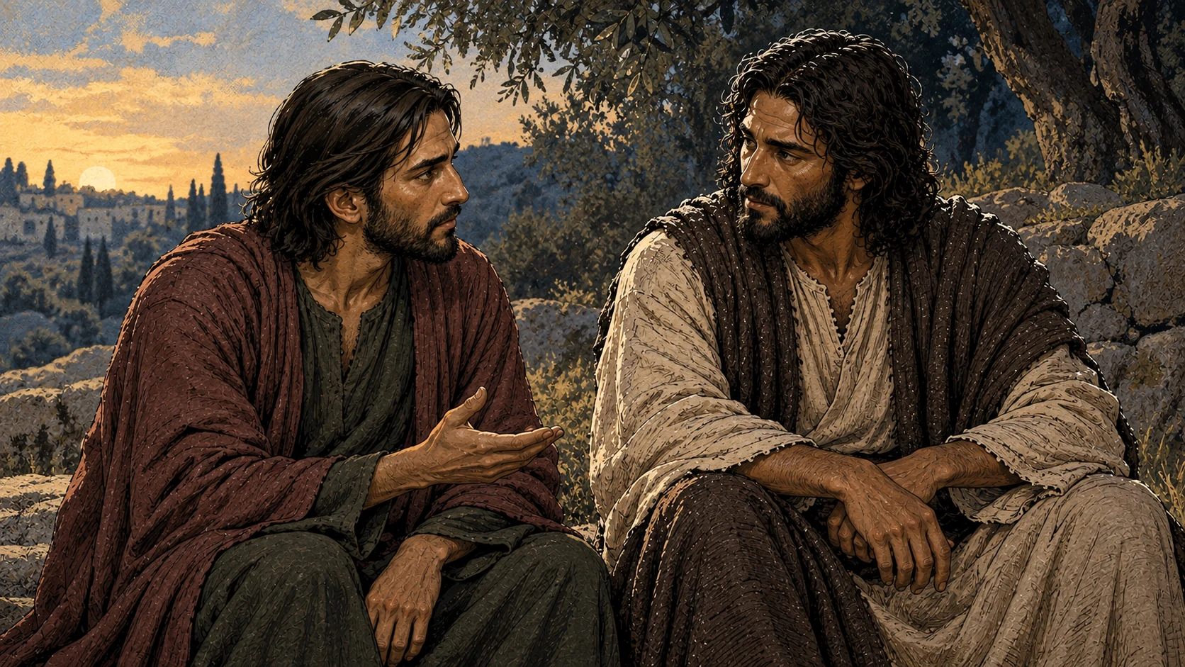 Judas looks toward Jesus with a searching expression and an open palm.
