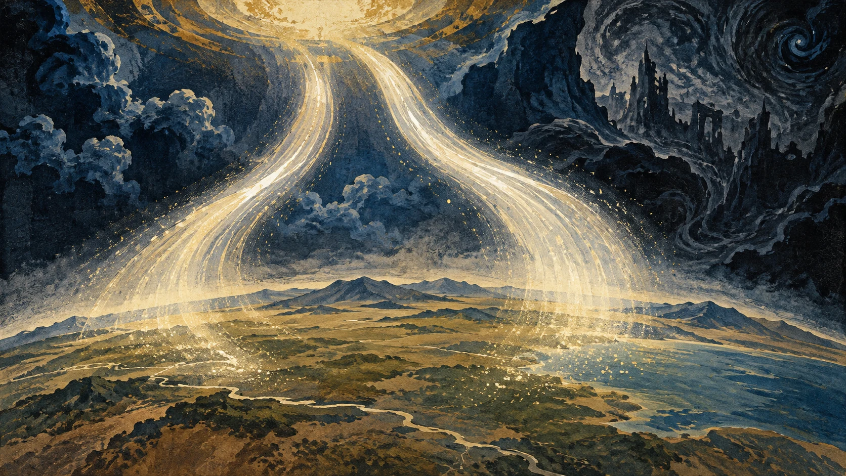 Two pale streams of light reach downward through abstract clouds.