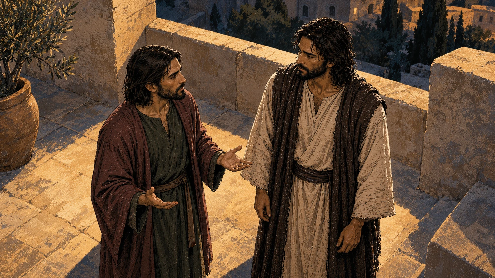 Judas raises open hands while Jesus listens on a stone terrace.
