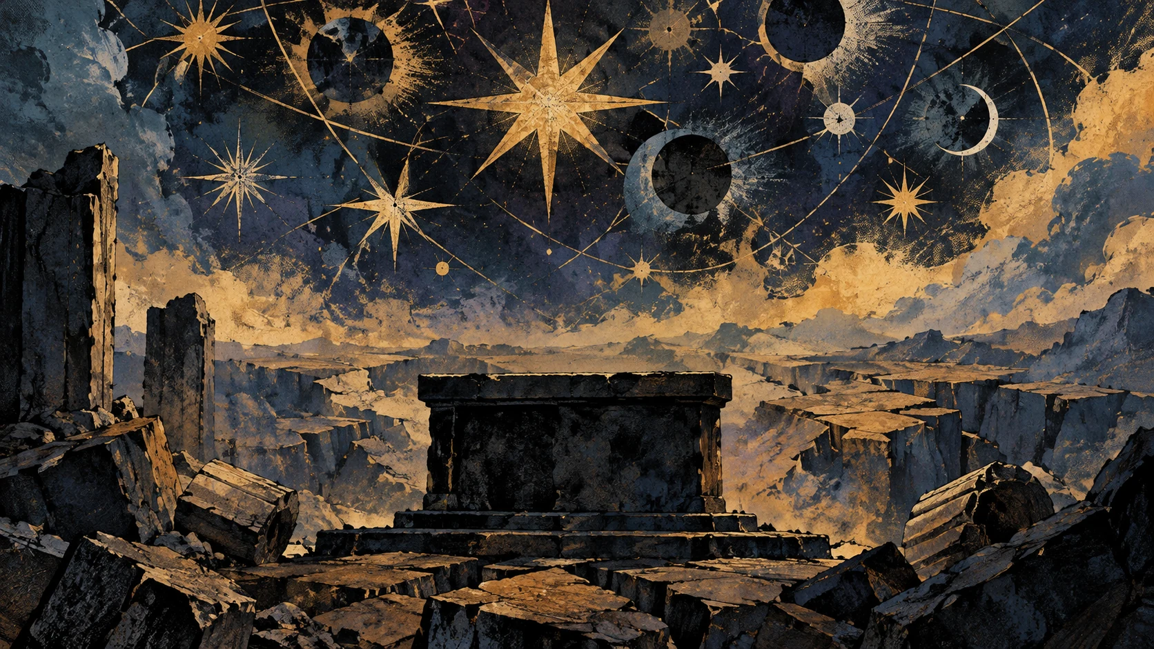 Disordered star-like forms hang above an empty shadowed altar and fractured earth shapes.