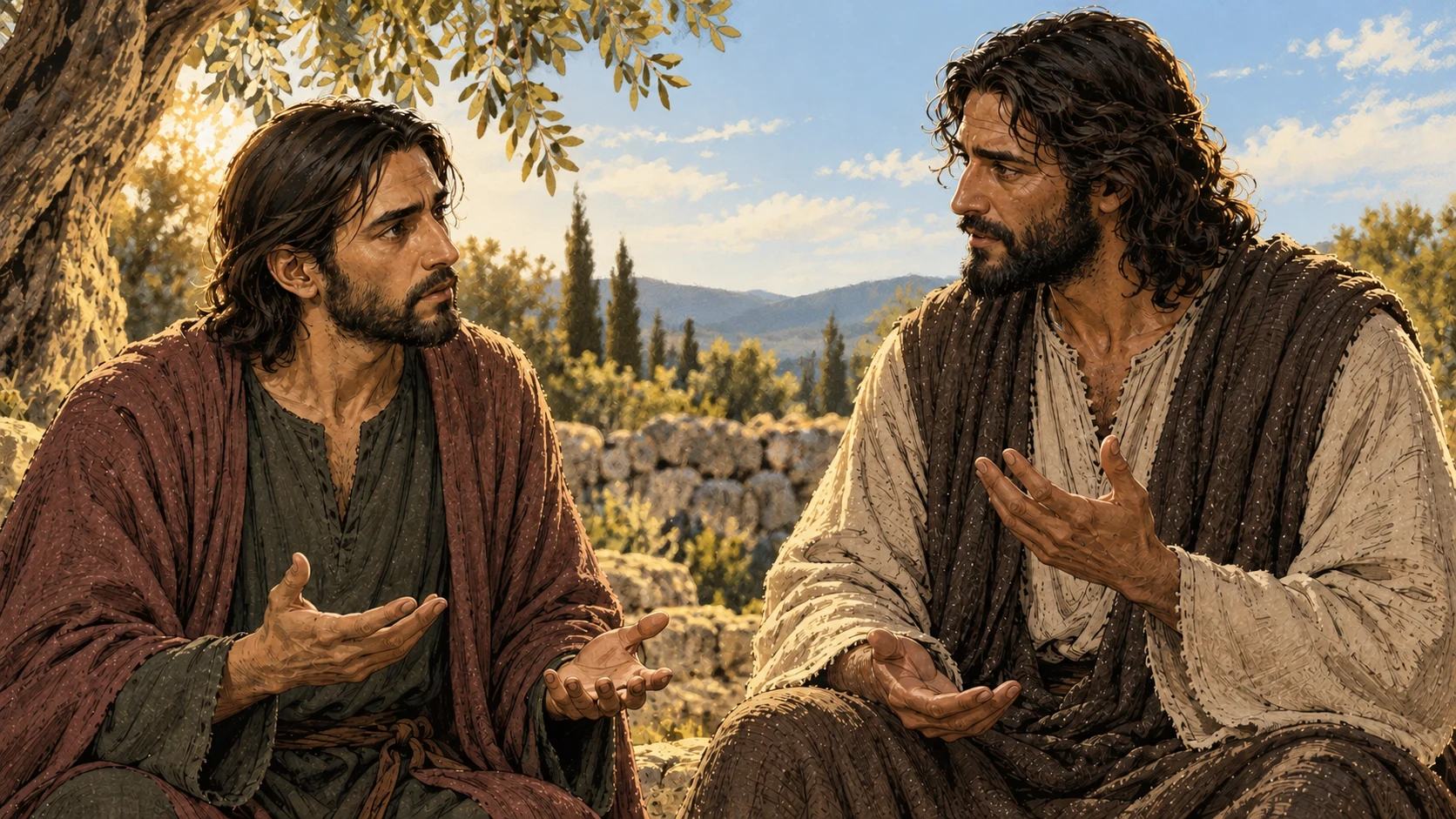 Judas questions Jesus about his laughter beneath a pale daylight sky.